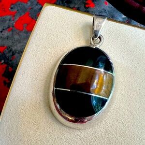 Vintage Taxco Mexican Sterling Silver Onyx & Tiger Eye Pendant Circa 1980s